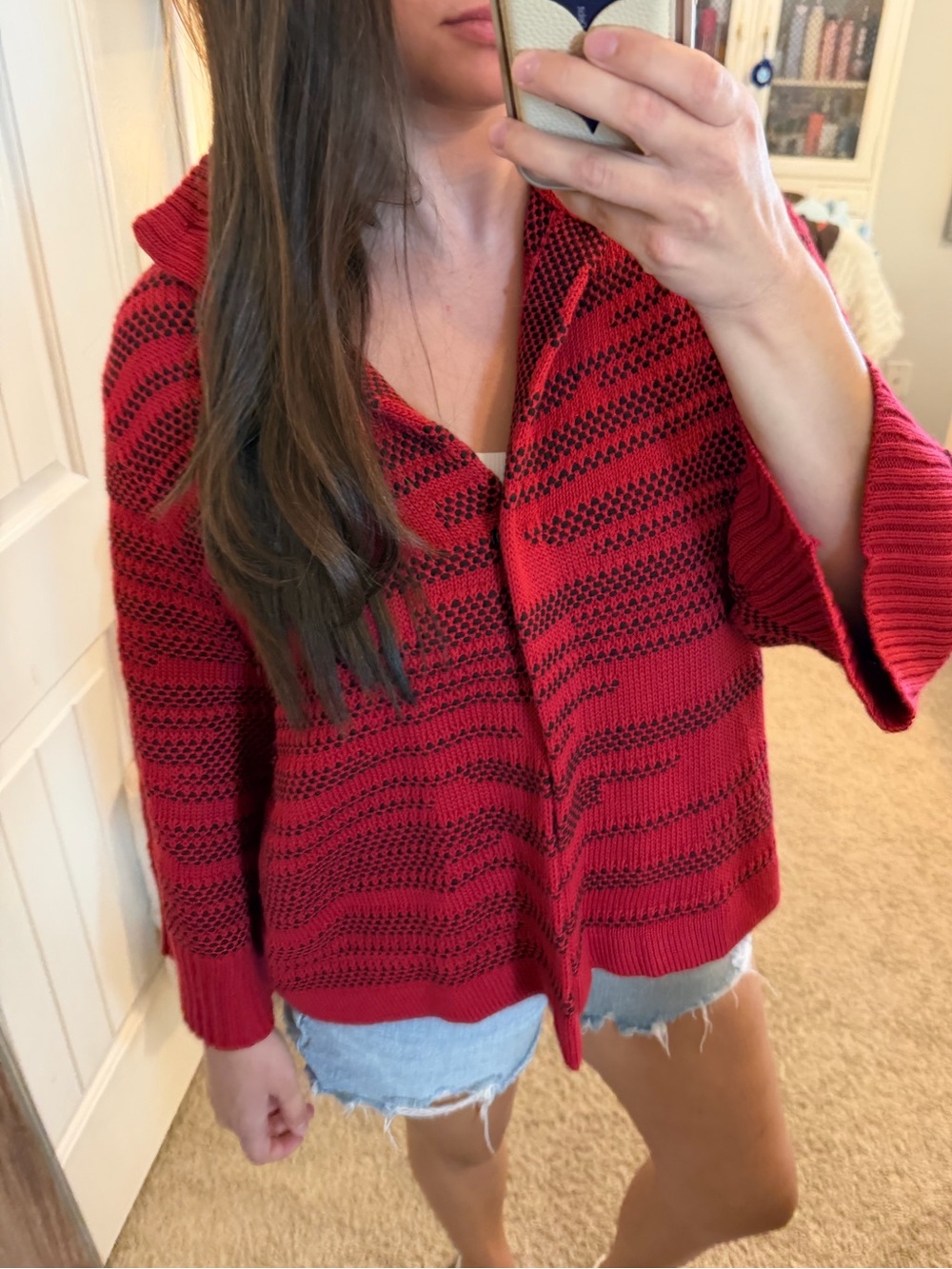 Chico's Red Open-Knit Hooded Cardigan